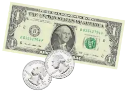 Dollar bill and two quarters
