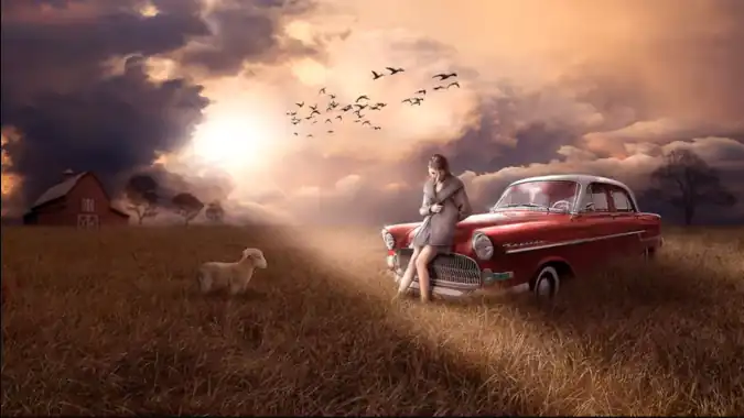 Girl leaning against car with lamb