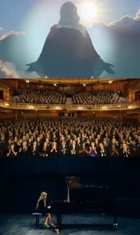 Christ over people watching and listening to Sophia playing the piano