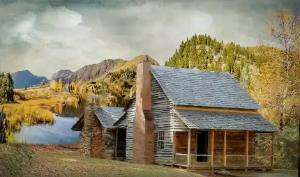 Cabin with lake in the background