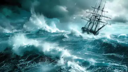 Sailing vessel being tossed in the rough water